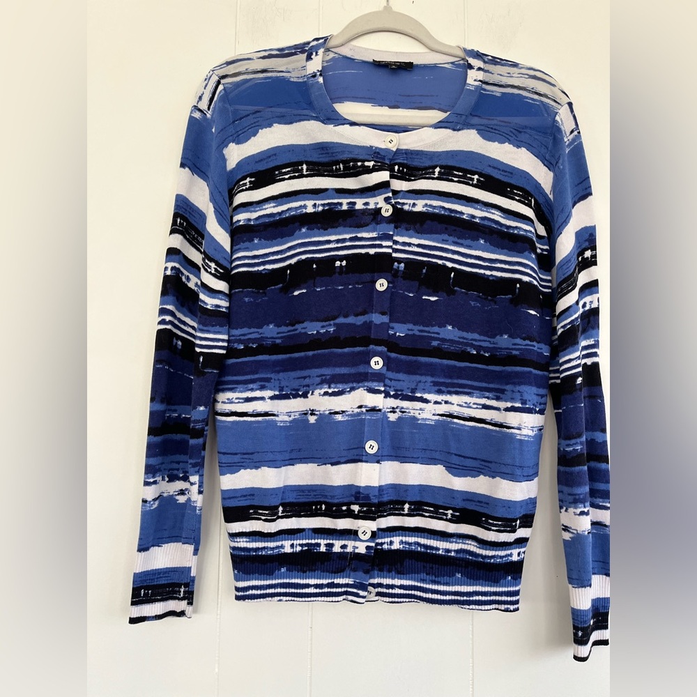 Lafayette 148 Blue Stripe Silk Cardigan Sweater Size Medium